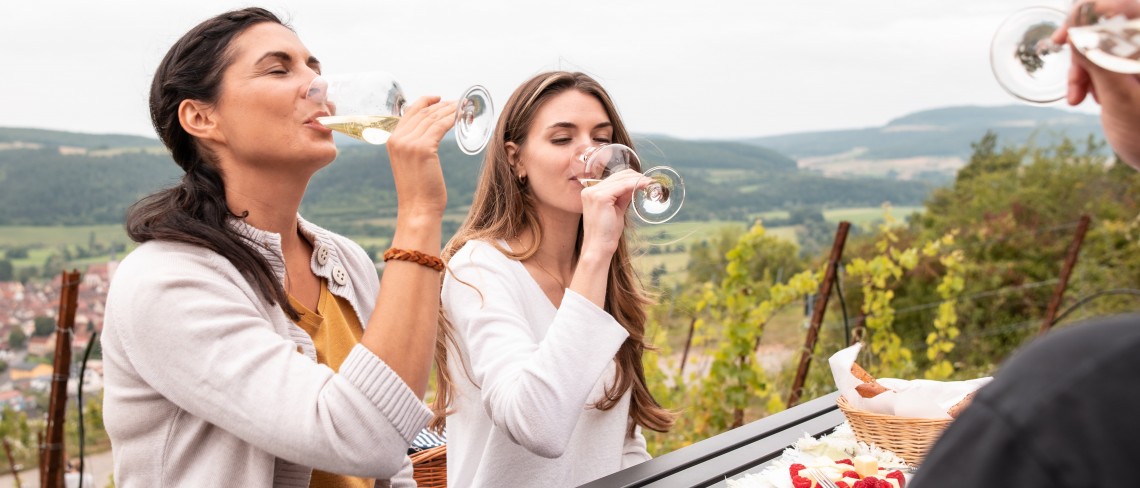 Frauen genießen Wein im Weinberg